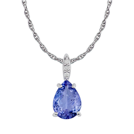 10k White Gold Genuine Pear Shape Tanzanite and Diamond Teardrop Pendant Necklace