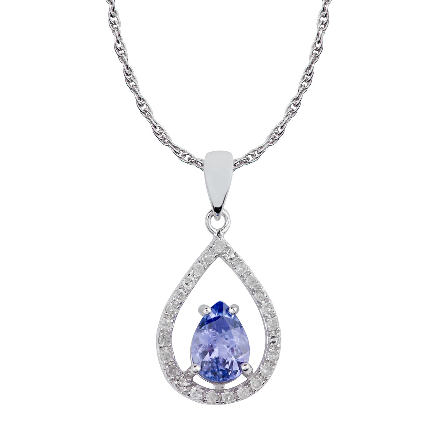 10k White Gold Genuine Pear Shape Tanzanite and Diamond Halo Teardrop Pendant Necklace