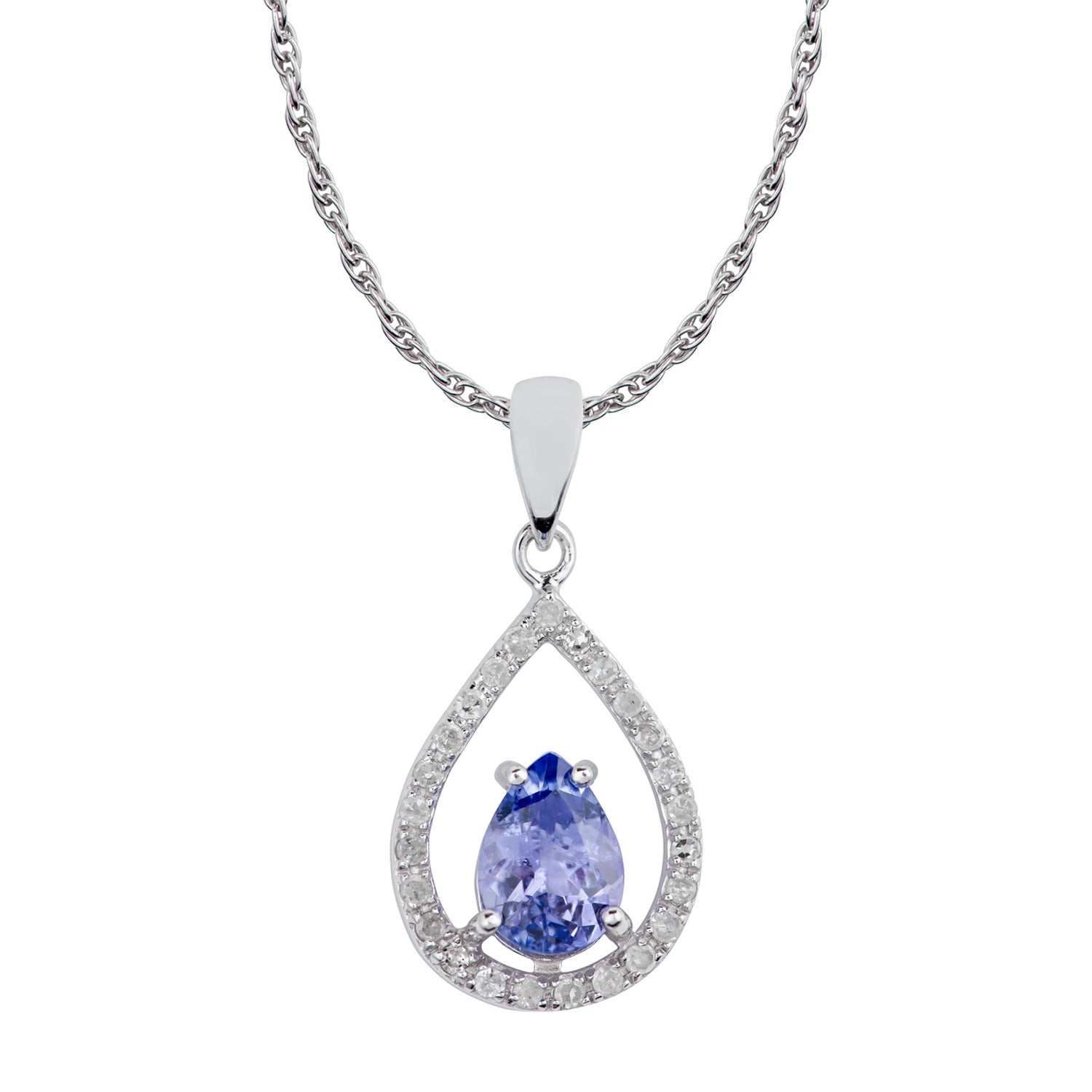 10k White Gold Genuine Pear Shape Tanzanite and Diamond Halo Teardrop Pendant Necklace