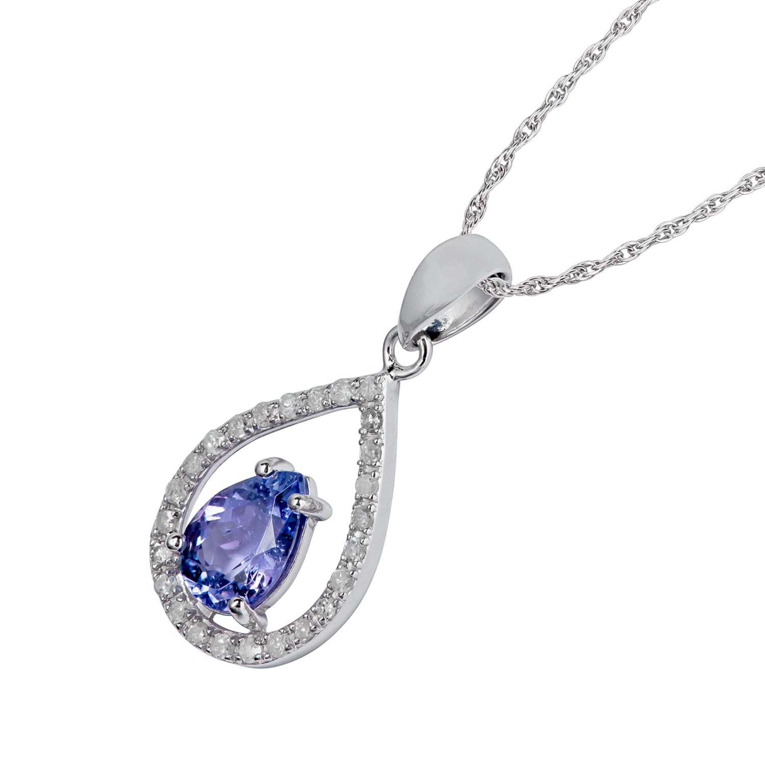 10k White Gold Genuine Pear Shape Tanzanite and Diamond Halo Teardrop Pendant Necklace