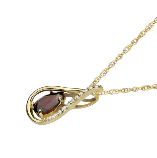 10k Yellow Gold Genuine Pear shape Garnet and Diamond Halo Drop Pendant Necklace