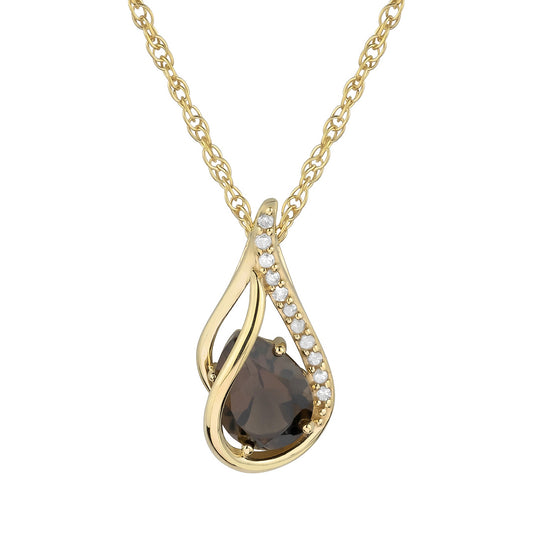 10k Yellow Gold Genuine Pear shape Smoky Quartz and Diamond Halo Drop Pendant Necklace