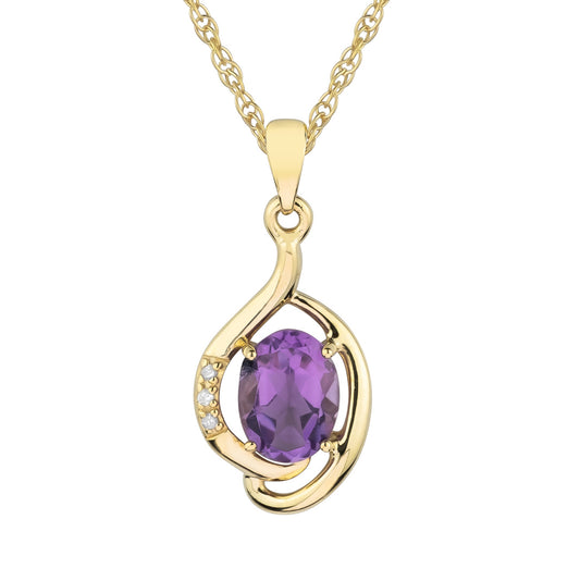 10k Yellow Gold Genuine Oval Amethyst and Diamond Pendant Necklace