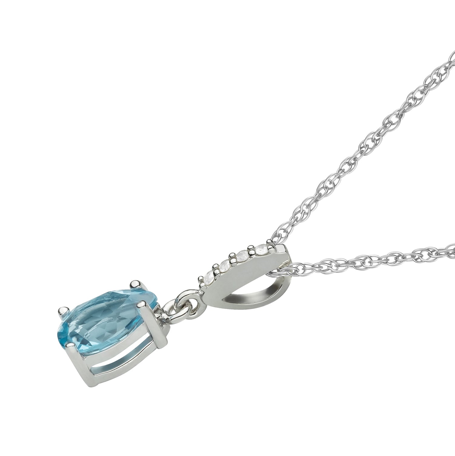10k White Gold Genuine Pear Shape Blue Topaz and Diamond Drop Pendant Necklace