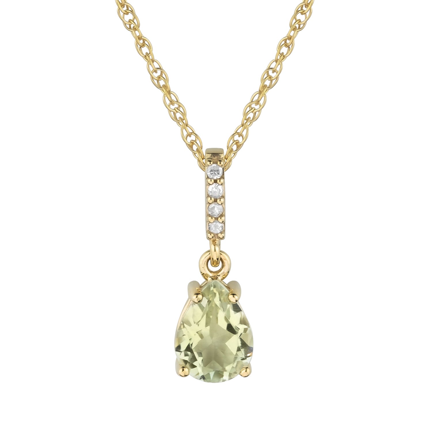 10k Yellow Gold Genuine Pear Shape Green Amethyst and Diamond Drop Pendant Necklace