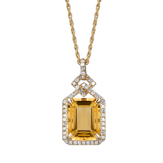 10k Yellow Gold Emerald cut Citrine and Diamond Halo Necklace