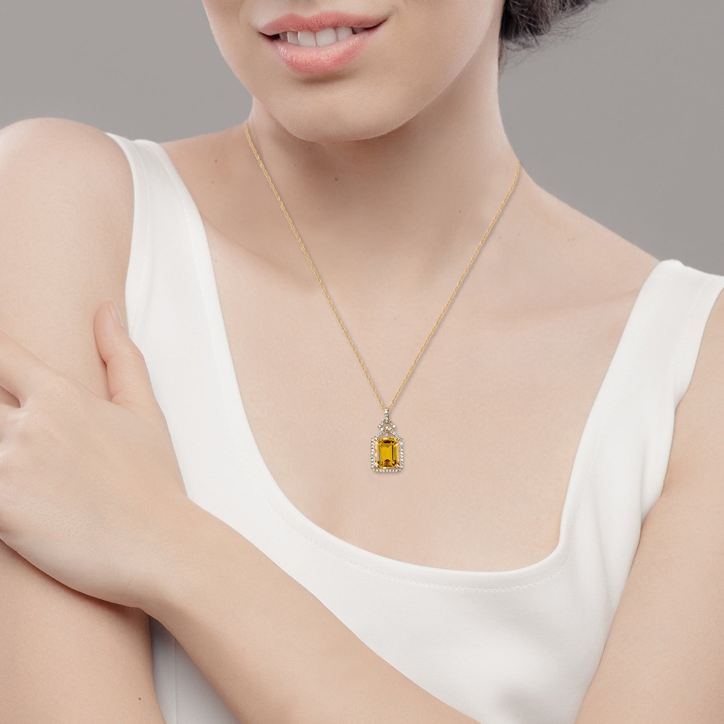 10k Yellow Gold Emerald cut Citrine and Diamond Halo Necklace