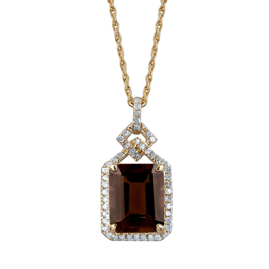 10k Yellow Gold Emerald cut Smoky Quartz and Diamond Halo Necklace