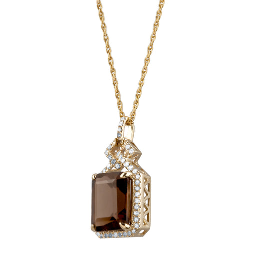 10k Yellow Gold Emerald cut Smoky Quartz and Diamond Halo Necklace