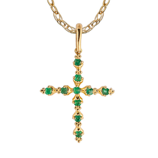 10k Yellow Gold Genuine Emerald Cross Pendant Necklace