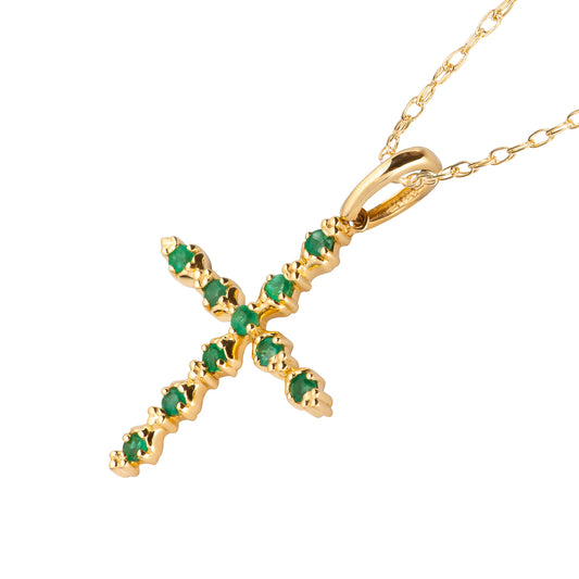 10k Yellow Gold Genuine Emerald Cross Pendant Necklace