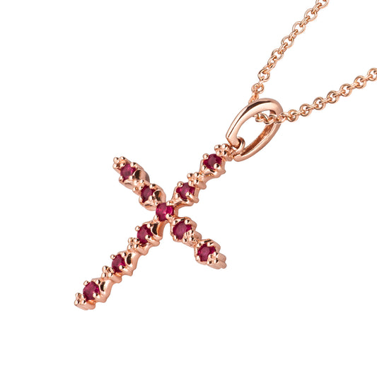 10k Rose Gold Genuine Ruby Cross Pendant Necklace