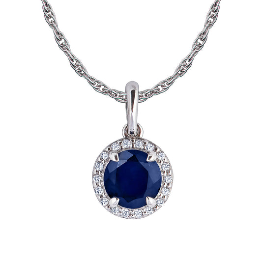 10k White Gold Genuine Round Sapphire and White Topaz Halo Pendant Necklace