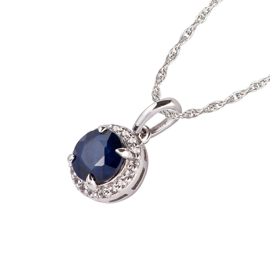 10k White Gold Genuine Round Sapphire and White Topaz Halo Pendant Necklace