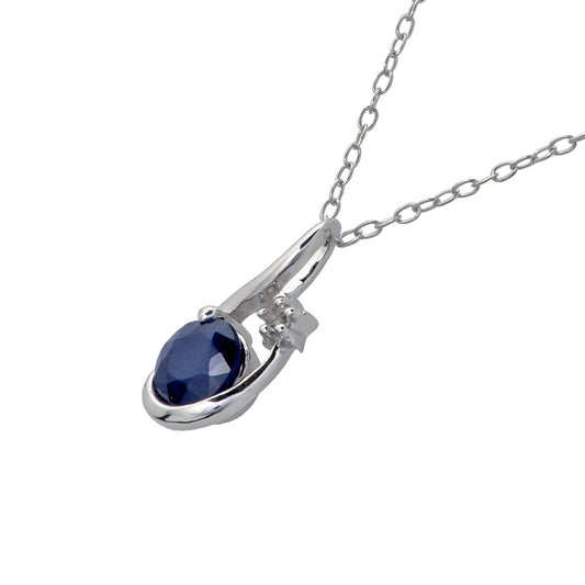 10k White Gold Genuine Round Sapphire Pendant Necklace