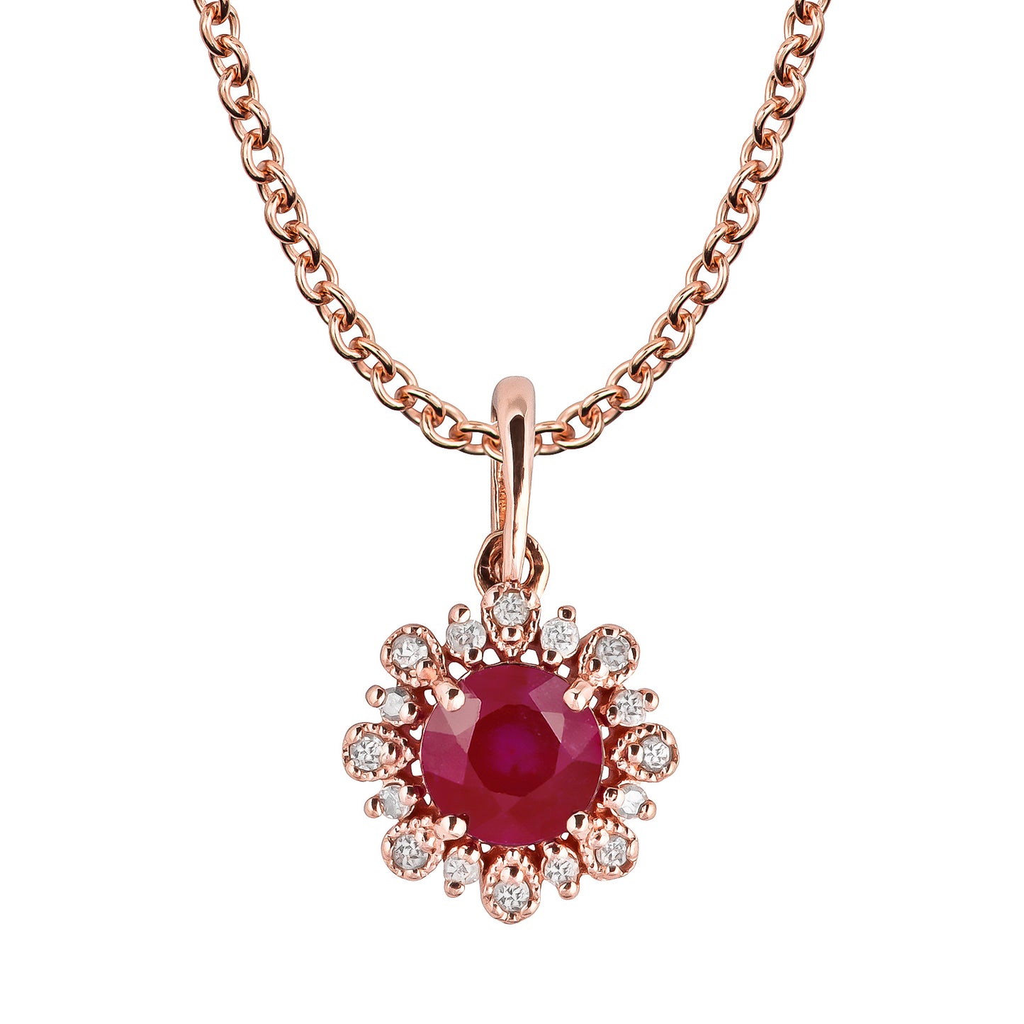 10k Rose Gold Genuine Round Ruby and Diamond Vintage Style Halo Pendant Necklace