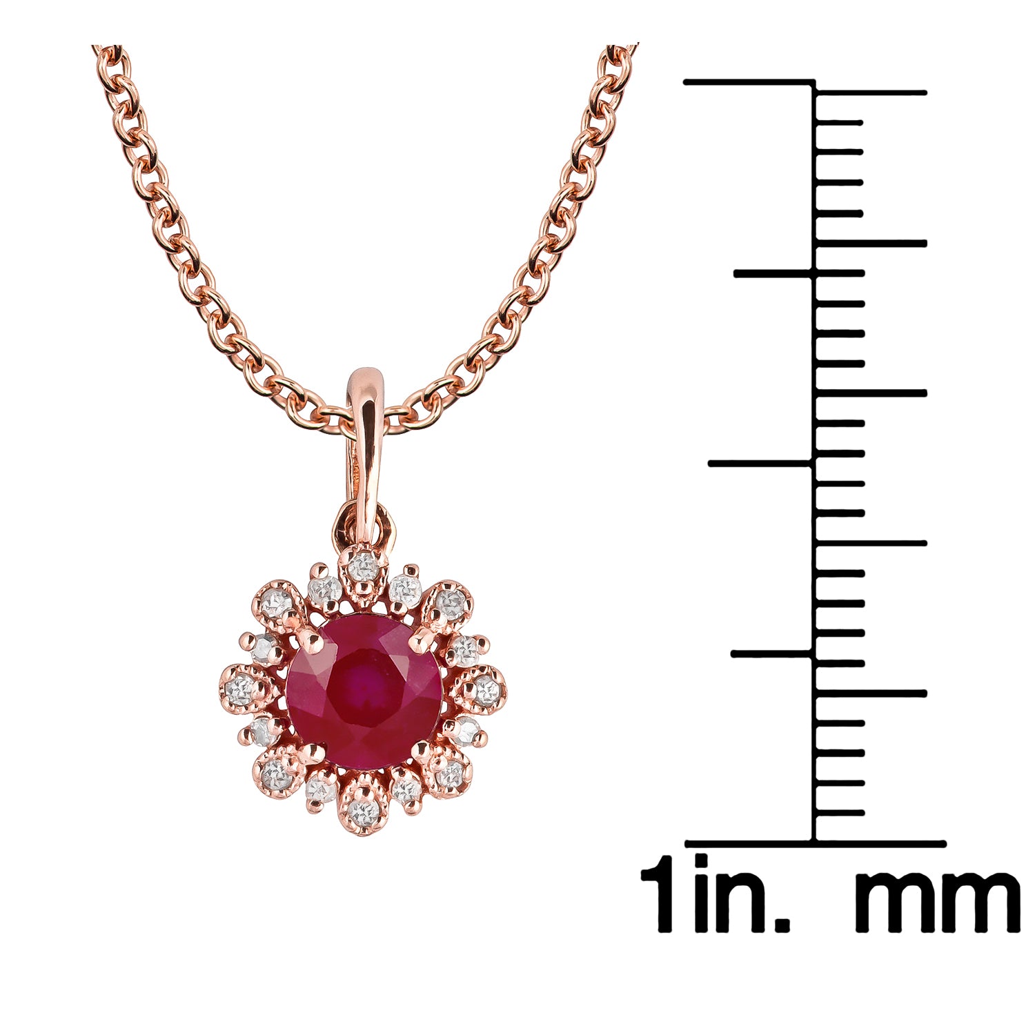 10k Rose Gold Genuine Round Ruby and Diamond Vintage Style Halo Pendant Necklace