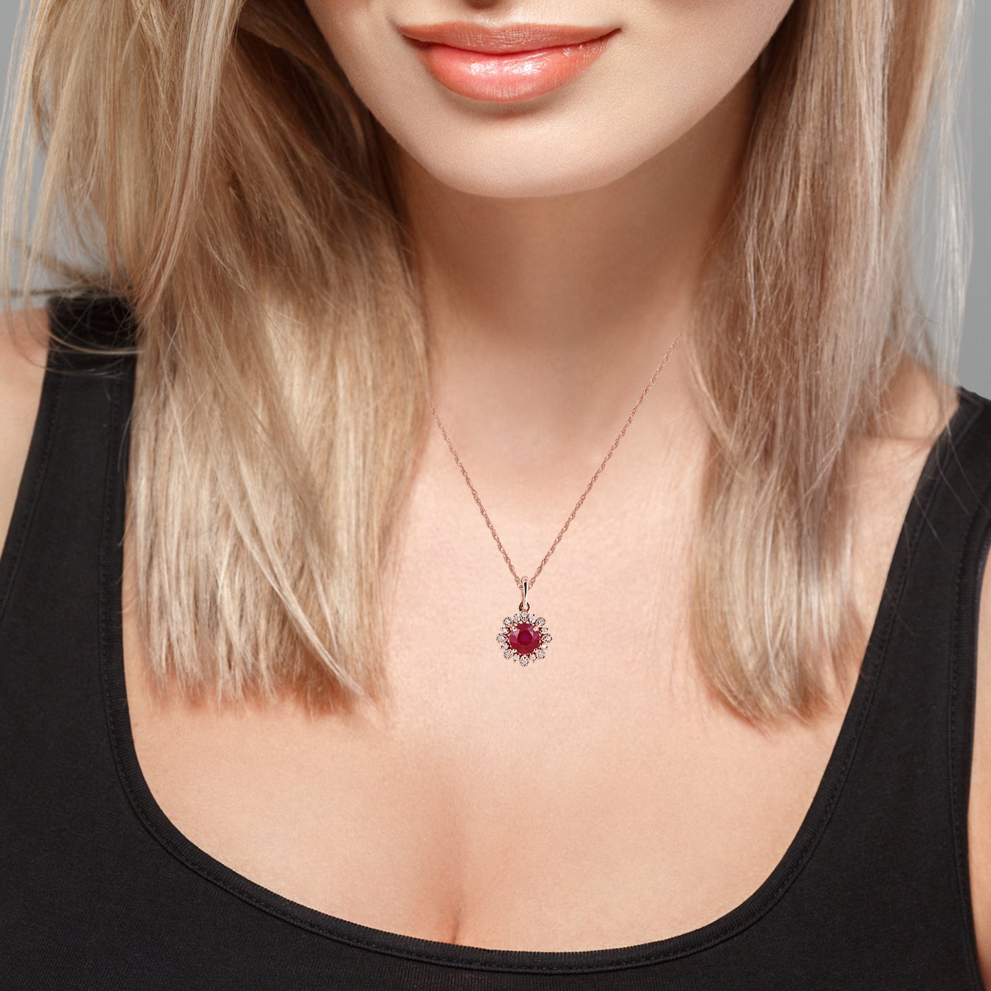 10k Rose Gold Genuine Round Ruby and Diamond Vintage Style Halo Pendant Necklace