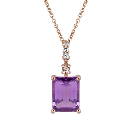 10k Rose Gold Genuine Emerald Cut Amethyst Pendant Necklace