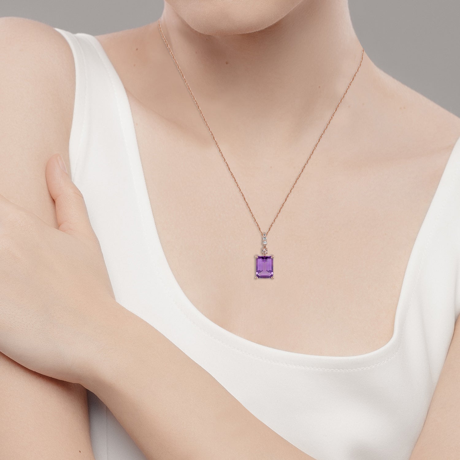 10k Rose Gold Genuine Emerald Cut Amethyst Pendant Necklace