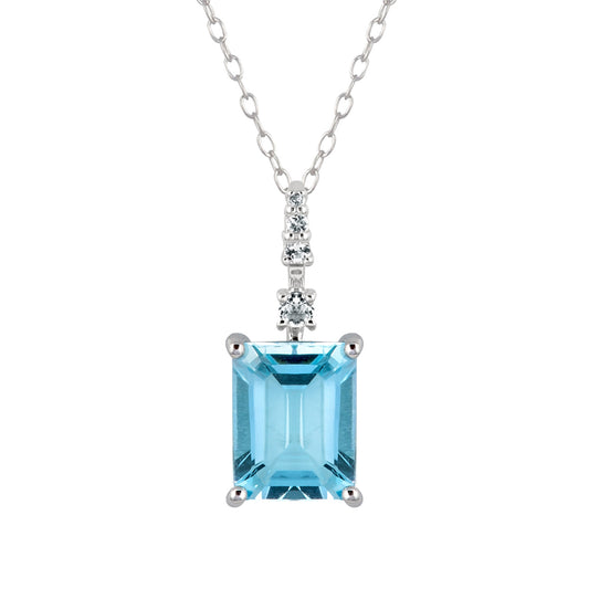 10k White Gold Genuine Emerald Cut Blue Topaz Pendant Necklace