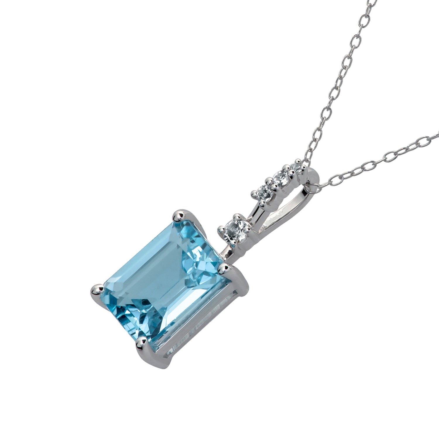 10k White Gold Genuine Emerald Cut Blue Topaz Pendant Necklace