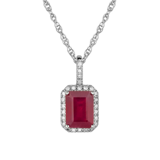 10k White Gold Genuine Emerald Cut Ruby and Diamond Halo Necklace