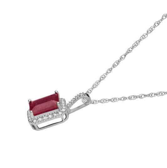 10k White Gold Genuine Emerald Cut Ruby and Diamond Halo Necklace