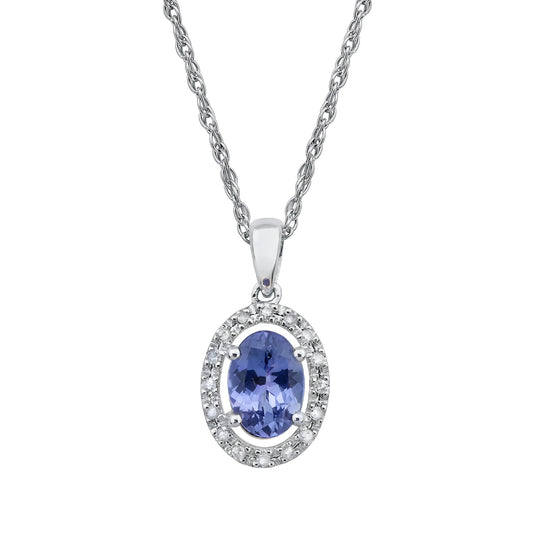10k White Gold Oval Tanzanite and Diamond Halo Necklace