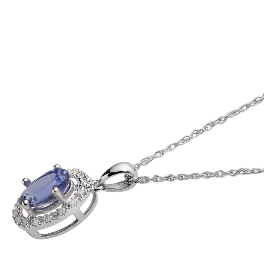 10k White Gold Oval Tanzanite and Diamond Halo Necklace