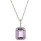 10k White Gold Emerald Cut Amethyst and Diamond Halo Pendant Necklace