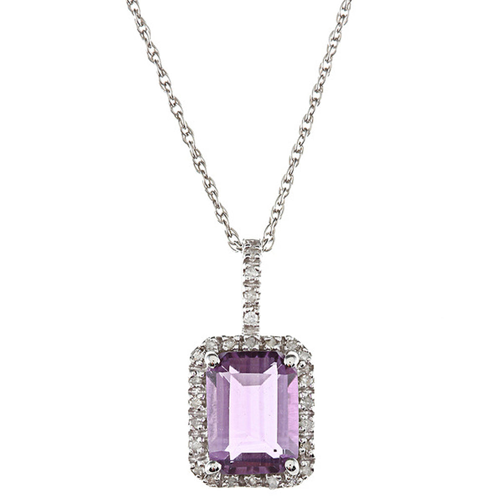 10k White Gold Emerald Cut Amethyst and Diamond Halo Pendant Necklace
