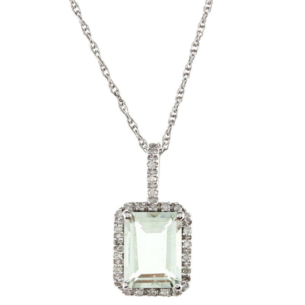 10k White Gold Emerald Cut Green Amethyst and Diamond Halo Pendant Necklace