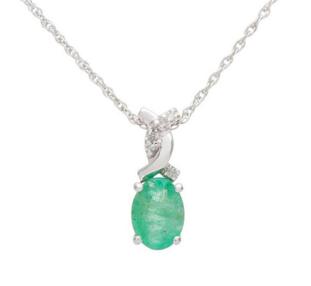 10k White Gold Oval Emerald and Diamond Twist Necklace