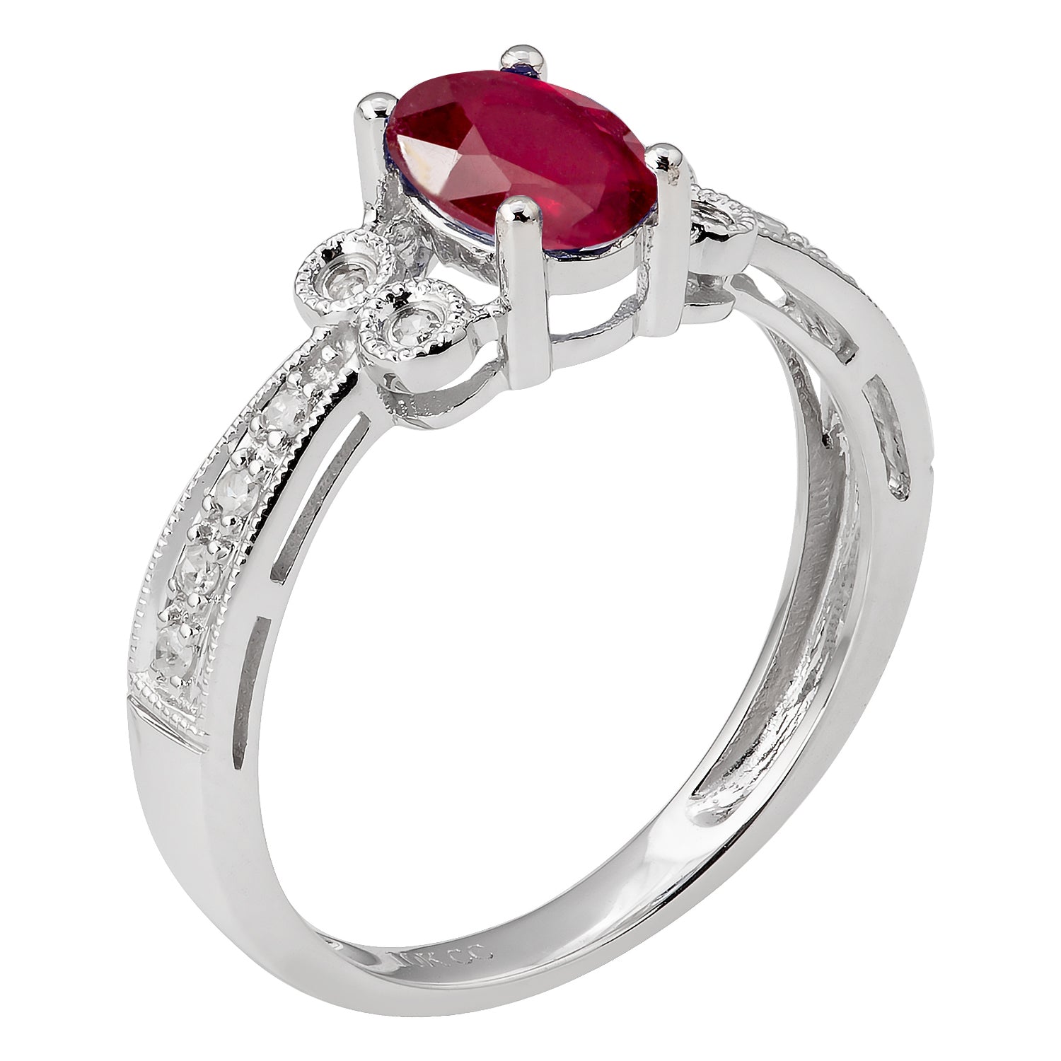 10k White Gold Vintage Style Oval Ruby and Diamond Ring
