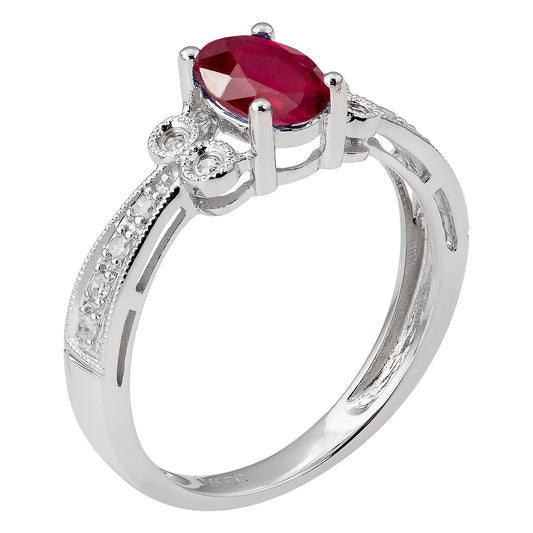 10k White Gold Vintage Style Oval Ruby and Diamond Ring