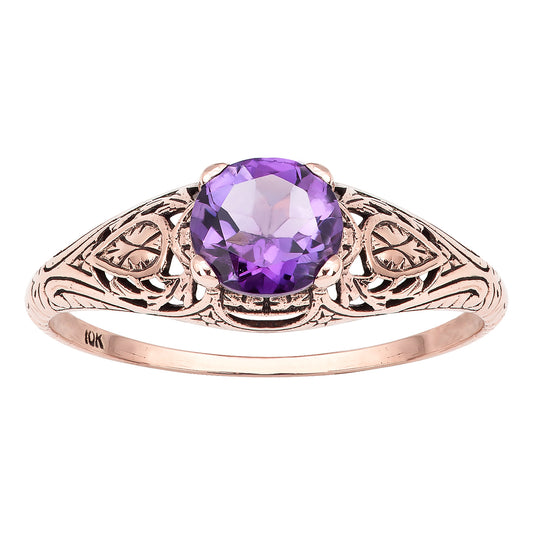 10k Rose Gold Vintage Style Genuine Round Amethyst Scroll Ring