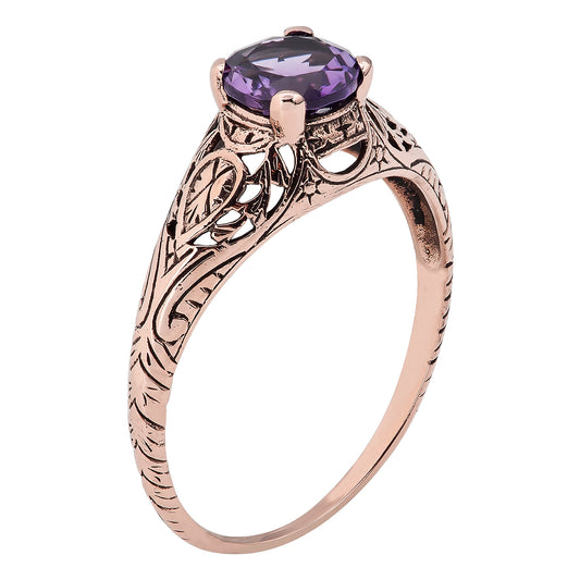 10k Rose Gold Vintage Style Genuine Round Amethyst Scroll Ring