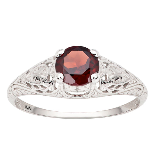 10k White Gold Vintage Style Genuine Round Garnet Scroll Ring