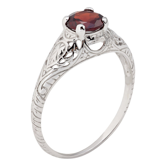 10k White Gold Vintage Style Genuine Round Garnet Scroll Ring