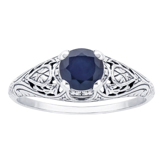 10k  White Gold Vintage Style Genuine Round Sapphire Scroll Ring