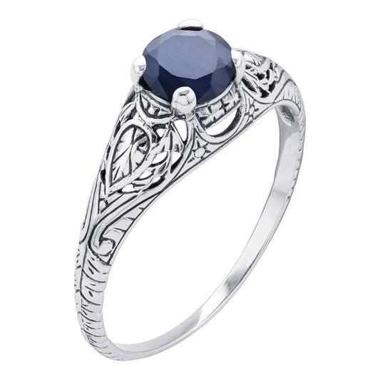 10k  White Gold Vintage Style Genuine Round Sapphire Scroll Ring