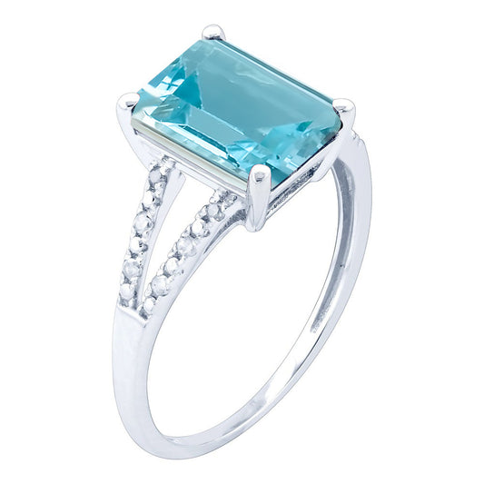10k White Gold Genuine Emerald-Shape Blue Topaz and Split-Shank Diamond Ring