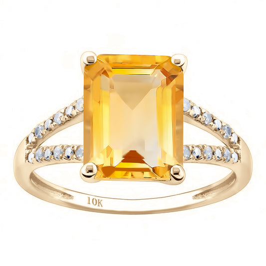 10k Yellow Gold Genuine Emerald-Shape Citrine and Split-Shank Diamond Ring