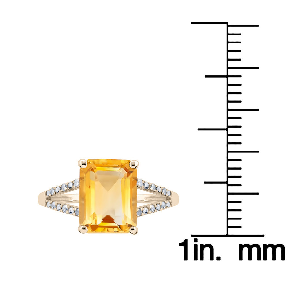 10k Yellow Gold Genuine Emerald-Shape Citrine and Split-Shank Diamond Ring