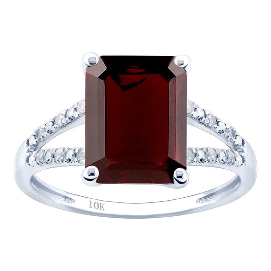 10k White Gold Genuine Emerald-Shape Garnet and Split-Shank Diamond Ring