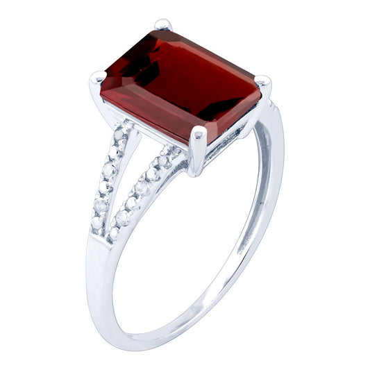 10k White Gold Genuine Emerald-Shape Garnet and Split-Shank Diamond Ring