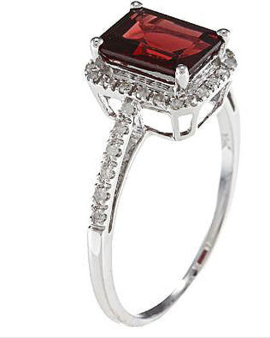10k White Gold Emerald-Cut Garnet and Diamond Halo Ring