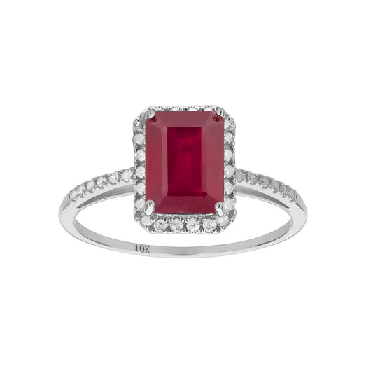 10k White Gold Genuine Emerald-cut 2.25ct Ruby and Diamond Halo Ring