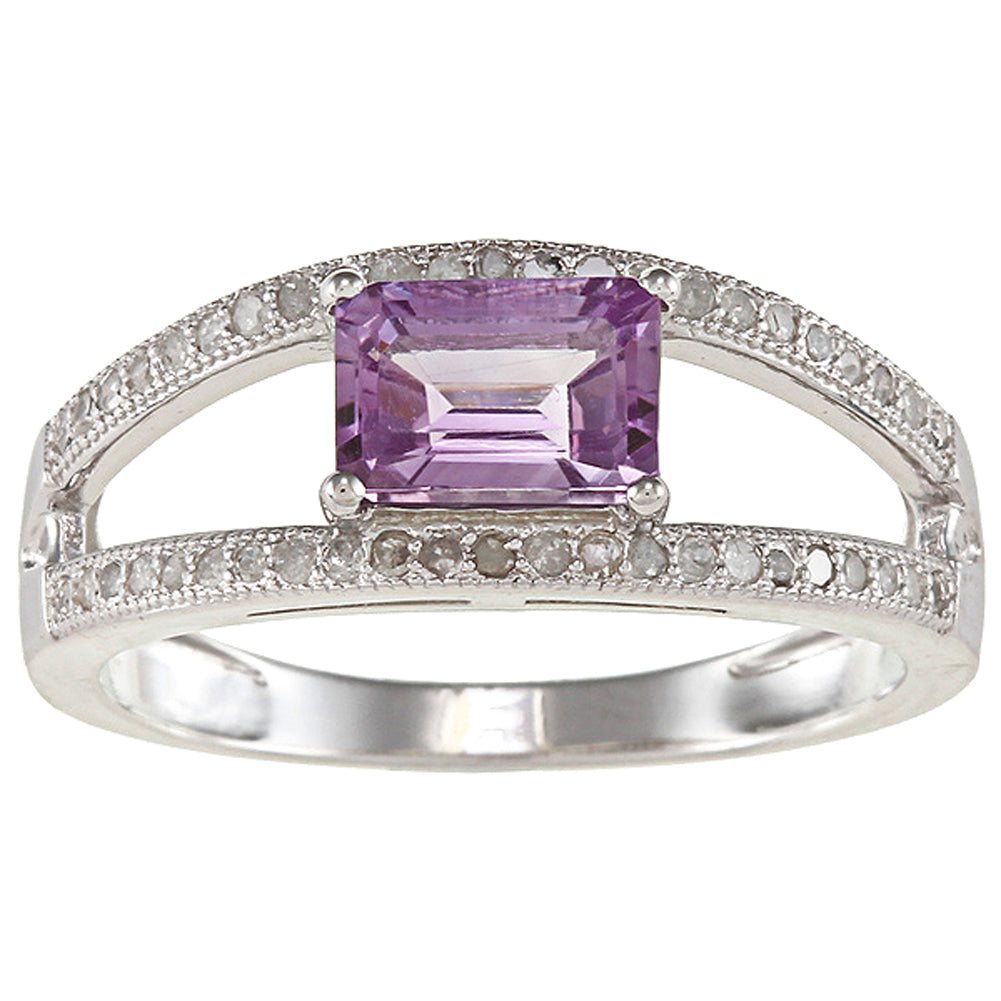Sterling Silver Emerald-cut Amethyst and Split-Shank Diamond Ring